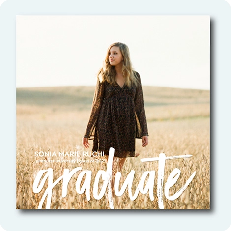 Snapfish Photo Tile featuring an image of a woman standing in a field with her name and graduate written across the bottom